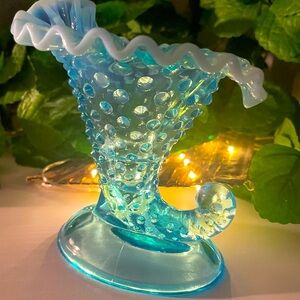 FENTON Opalescent Blue Opalescent Hobnail Ruffled Candlestick Holder Cornucopia